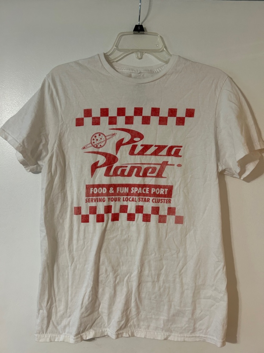 Disney White Toy Story Tee with Red Pizza Planet Graphic